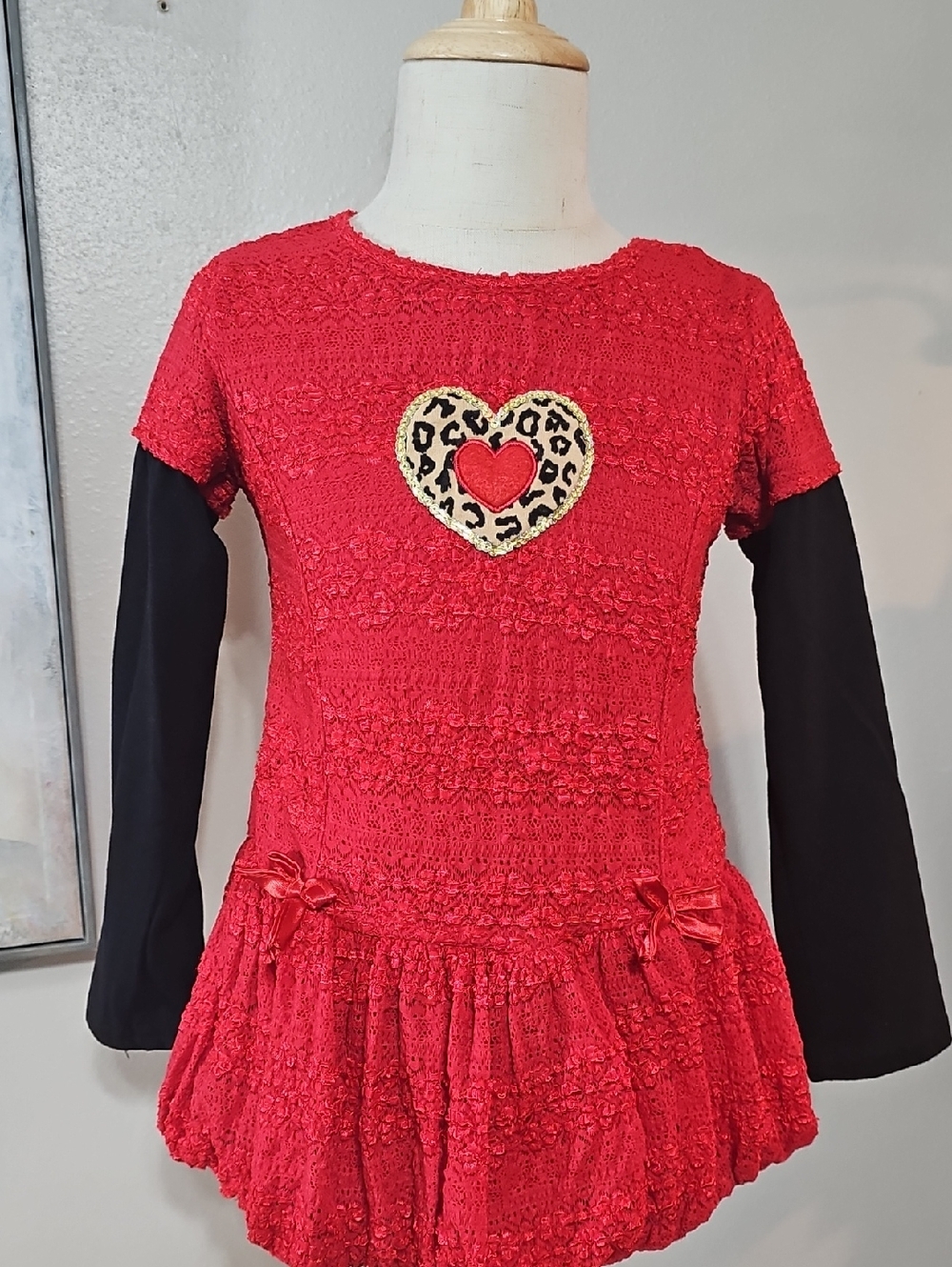 ❤️ Red Lace Leopard Heart Bubble Dress - Size 6X